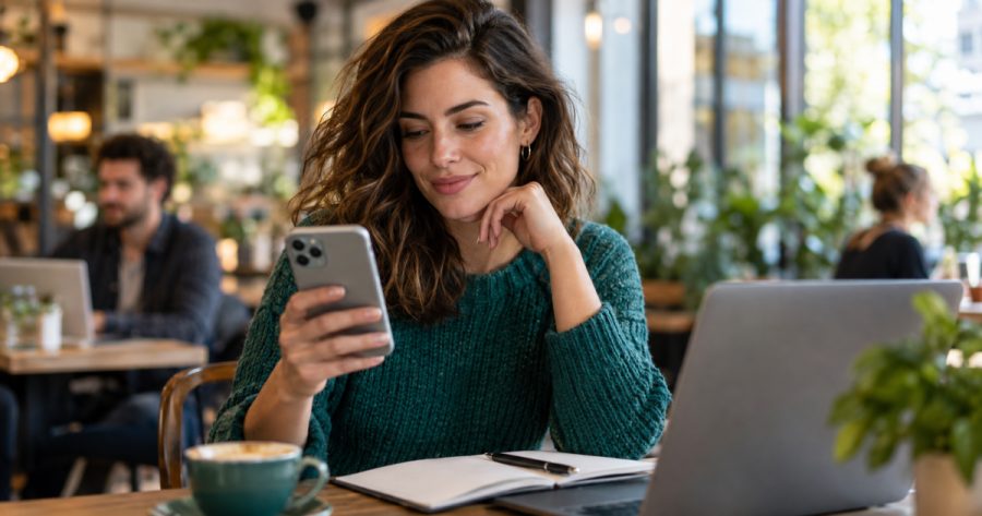 Smartphone zeigt KI-generierte Suchergebnisse mit AI Mode Ads Oberfläche in Café