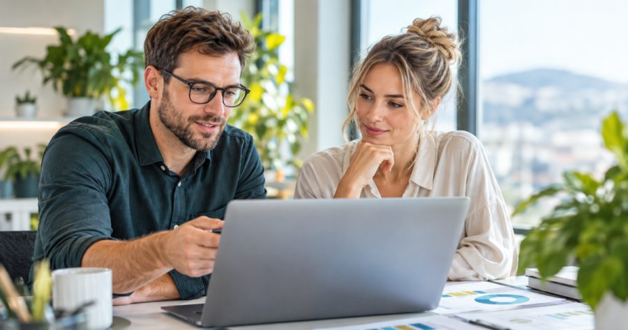 Marketingteam bespricht Kampagnenstrategie am Laptop im hellen Büro