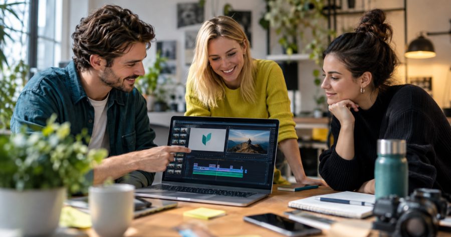 Kleines Social-Media-Team bespricht gemeinsam Videoinhalte am Laptop im Büro