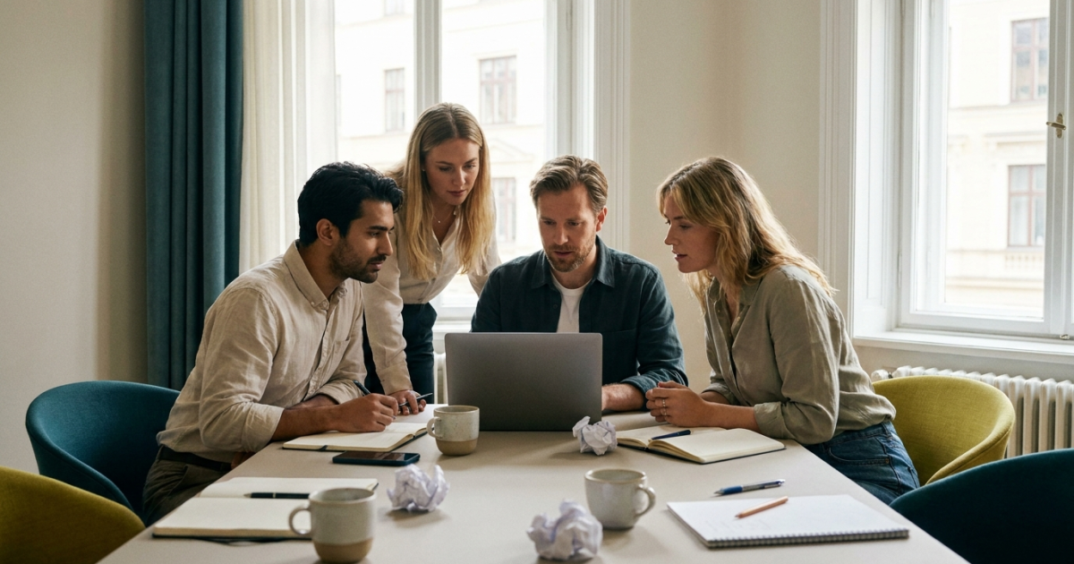 Team aus Mitarbeitenden bespricht Software-Optionen an einem modernen Konferenztisch im Büro