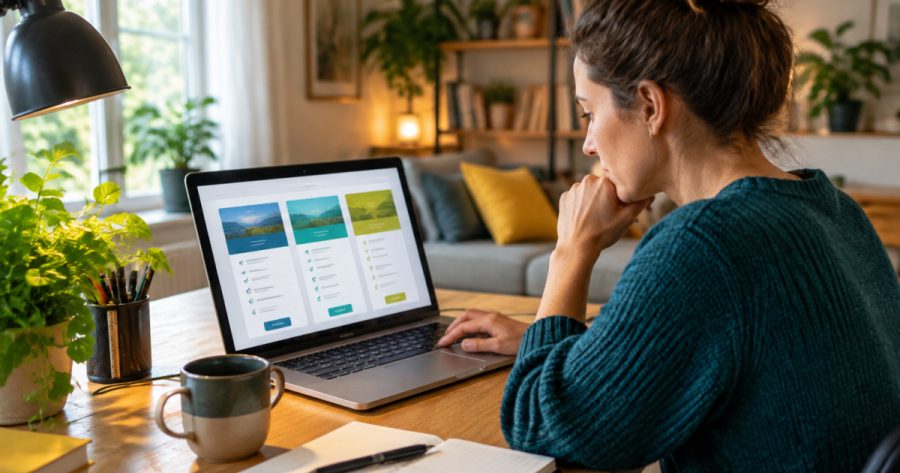 Person vergleicht konzentriert mehrere Softwareoptionen auf einem Laptop-Bildschirm am Schreibtisch