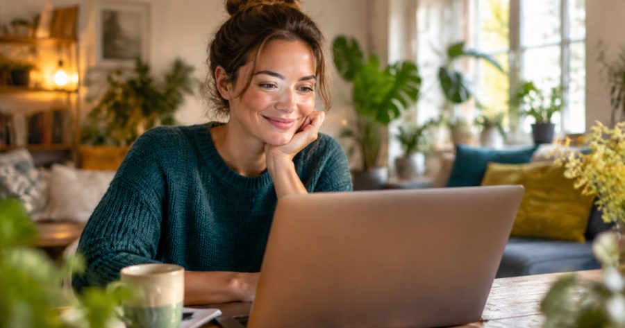 Person tippt entspannt am Laptop und liest eine natürlich klingende Chat-Antwort