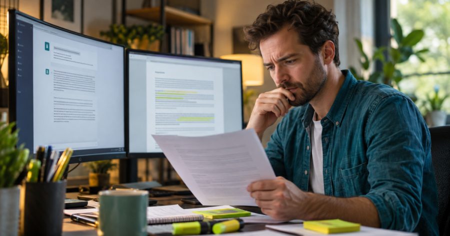 Mann vergleicht ChatGPT Ausgabe konzentriert mit gedrucktem Dokument am Schreibtisch