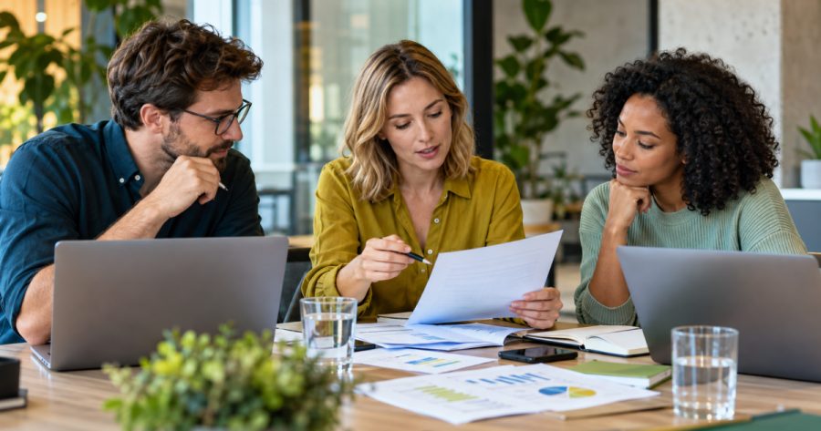 Kleines Team bespricht Datenschutzrichtlinien am Besprechungstisch mit Laptops und Notizen