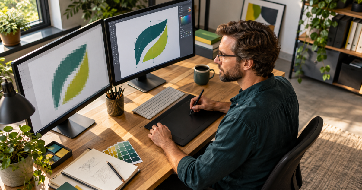 Designer bearbeitet Logo-Datei am Bildschirm mit Vektorgrafik-Software