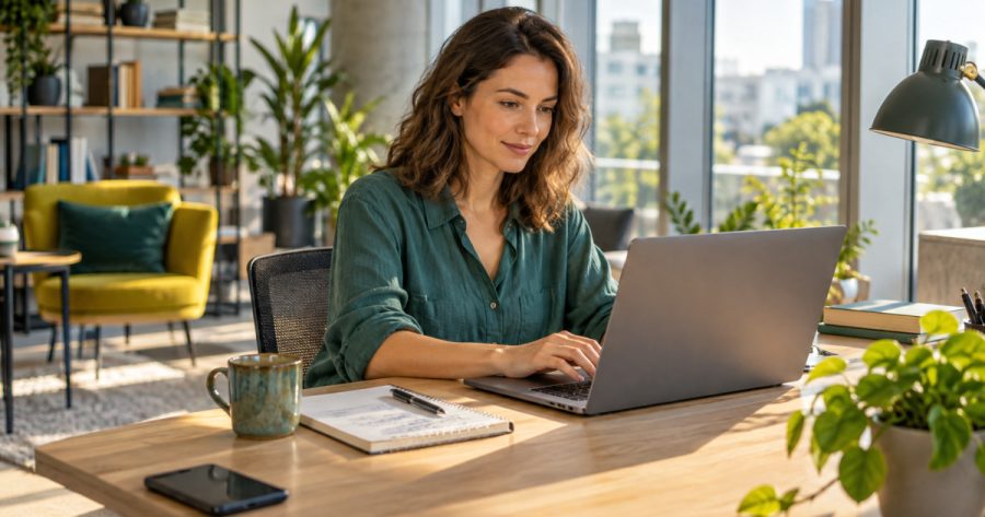 Frau arbeitet konzentriert am Laptop mit Notizen für ChatGPT Prompts über mich