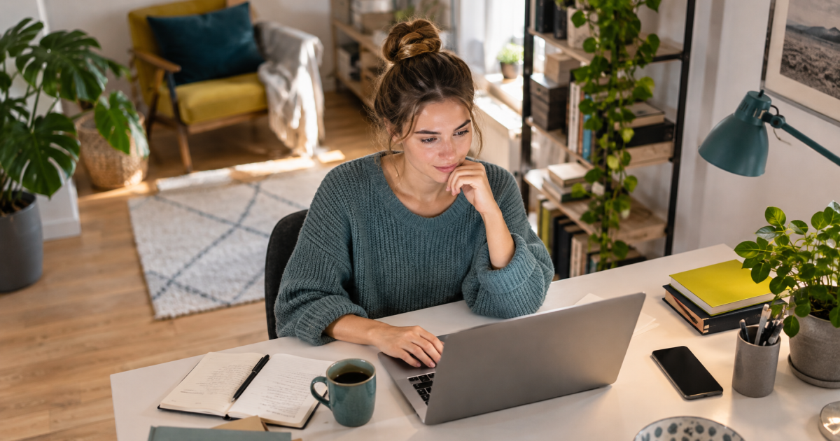 Person tippt konzentriert an Laptop, Chat-Fenster mit Textentwurf sichtbar im Hintergrund