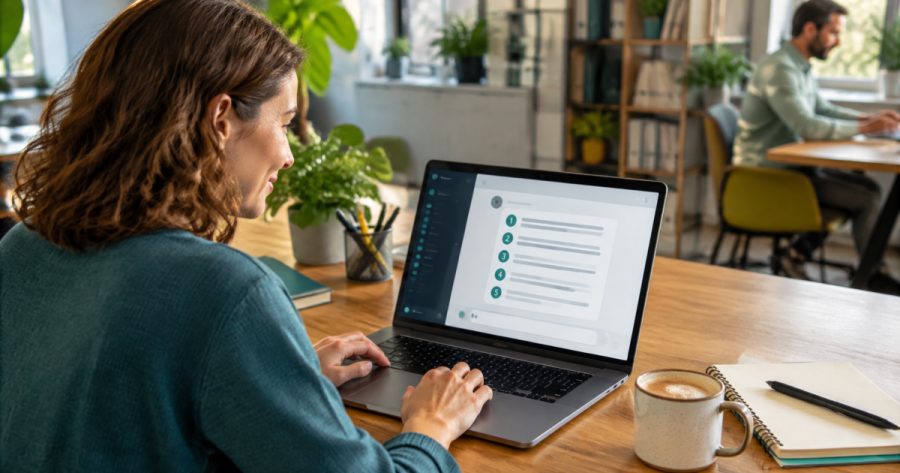 Bildschirm zeigt übersichtliche nummerierte Liste in einem Chat-Interface auf Laptop