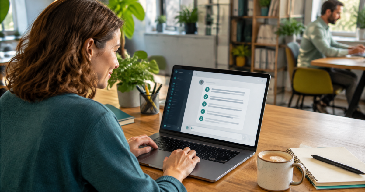 Bildschirm zeigt übersichtliche nummerierte Liste in einem Chat-Interface auf Laptop