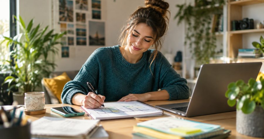 Junger Mann plant Content-Strategie am Laptop mit Notizzettel und Kalender auf dem Tisch