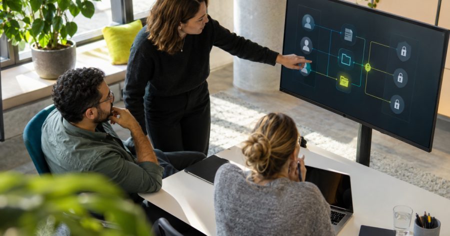 IT-Sicherheitsteam bespricht Zugriffsrechte und Datenschutz vor großem Monitor im Büro