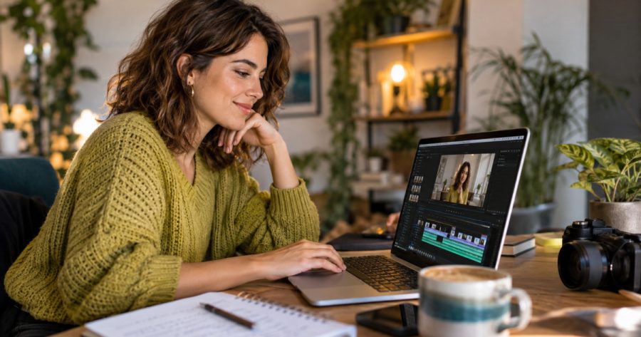 Person sitzt am Laptop und bearbeitet ein KI-generiertes Video in einer Timeline