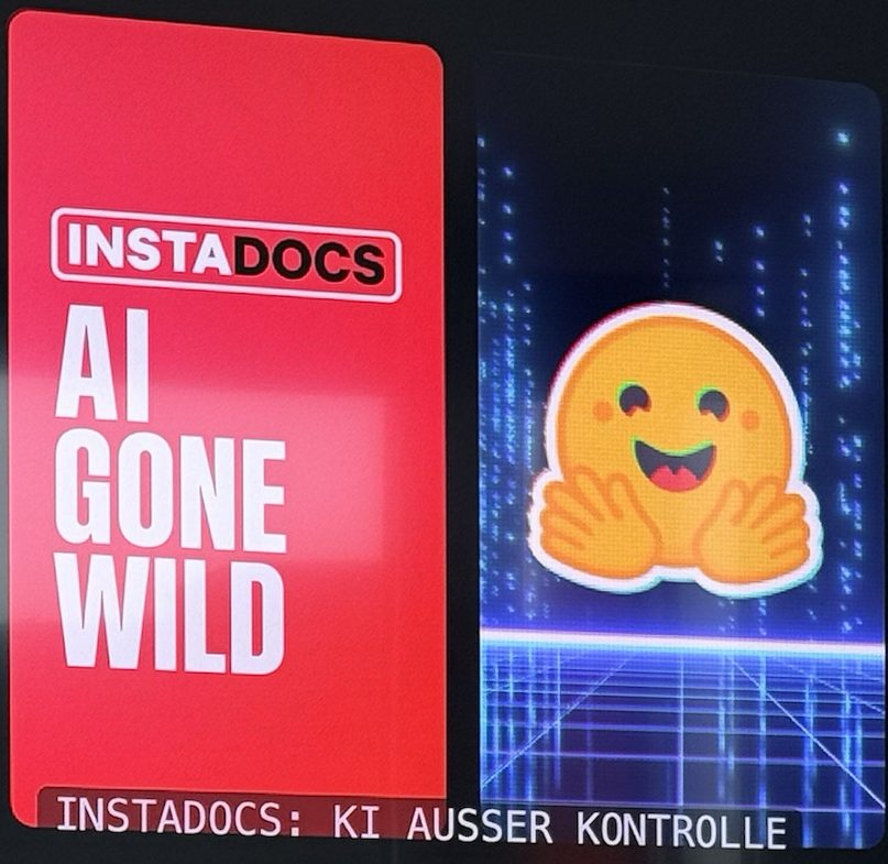 Netflix-Kacheln der Doku Instadocs KI außer Kontrolle mit dem Logo von Hugging Face auf einem Fernseher