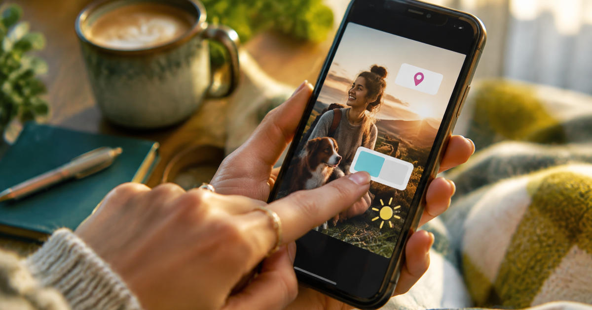 Finger tippt auf Smartphone-Bildschirm mit Umfrage-Sticker in einer Story