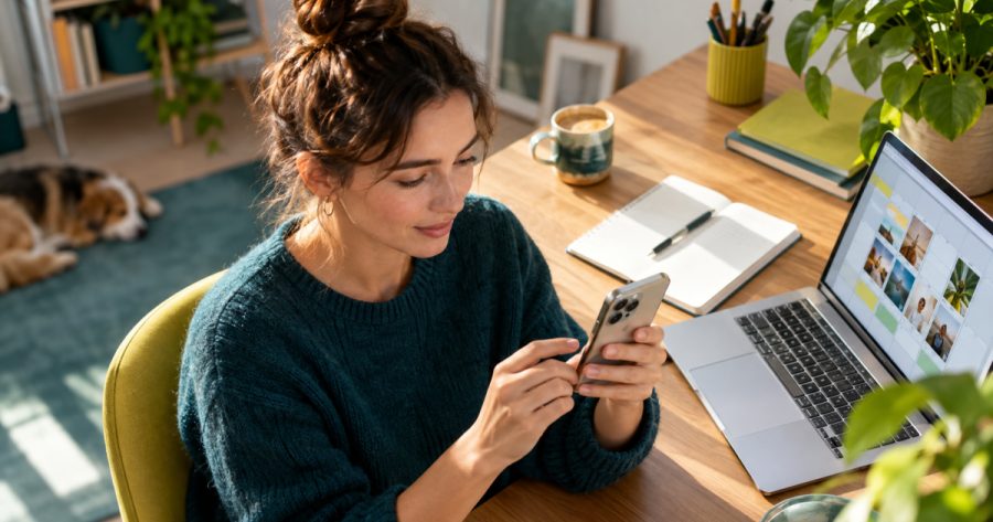 Hand hält Smartphone mit Instagram Edits App und Carousel-Bearbeitungsansicht auf dem Bildschirm