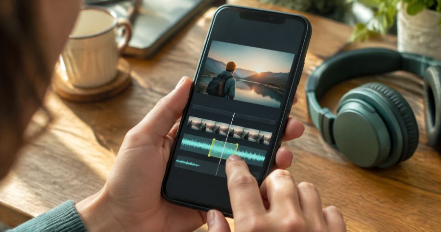 Smartphone zeigt Videoclip mit Musikwellenform und automatischer Schnittmarkierung in Edits App