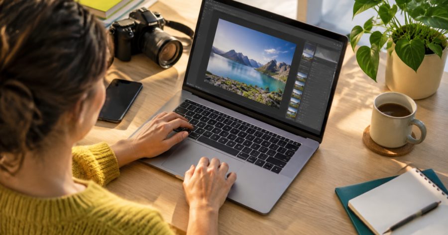 Person bearbeitet am Laptop ein Foto mit KI Bildbearbeitungssoftware im Büro