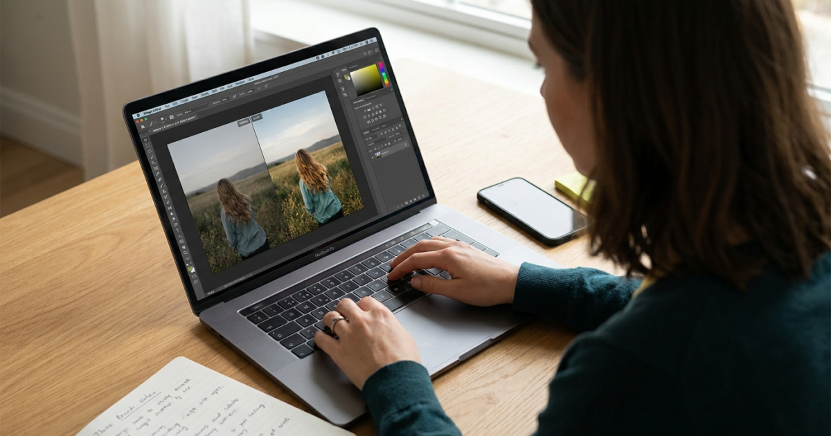 Person bearbeitet am Laptop ein Foto mit KI Bildbearbeitungssoftware im Büro
