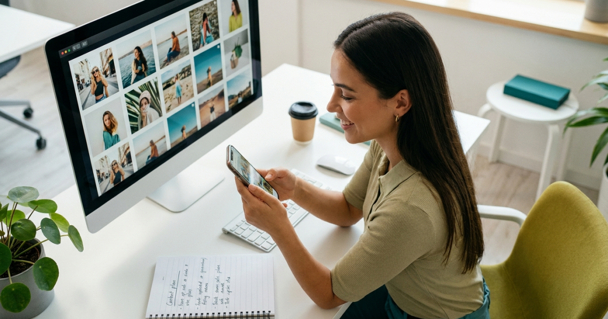 Social-Media-Manager plant Content mit Smartphone und mehreren Bildvorschauen auf Bildschirm