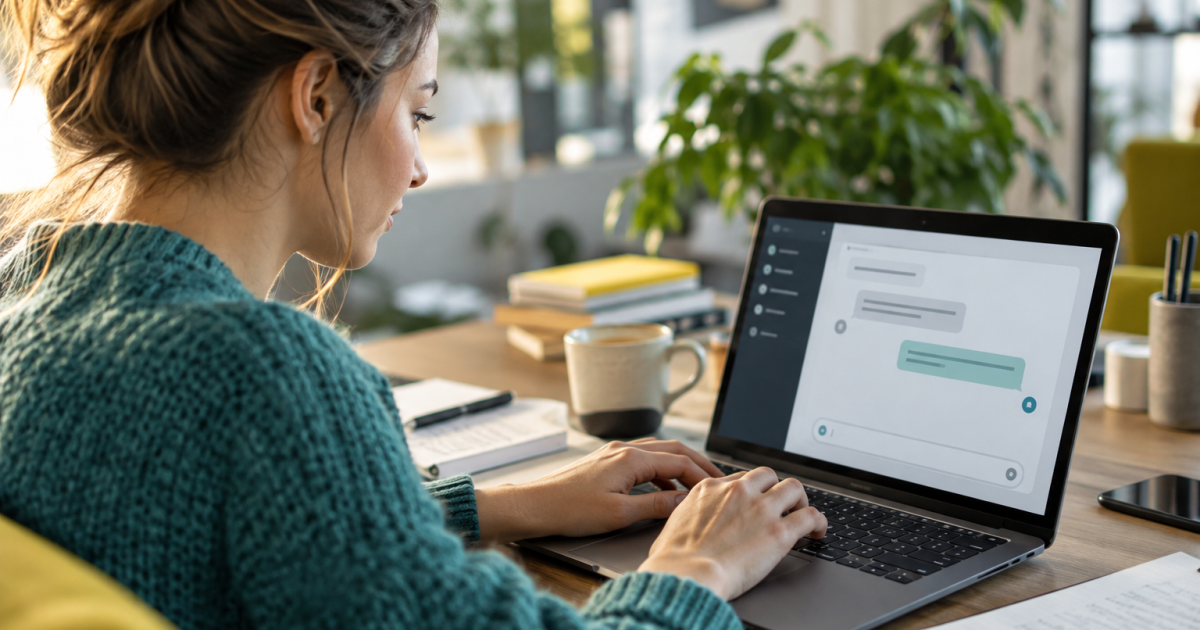 Frau sitzt am Schreibtisch und tippt eine Frage in Chat-Oberfläche am Laptop