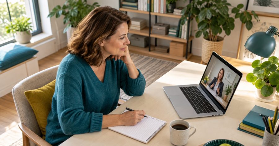 Frau lernt am Laptop während Online-Kurs zur KI-Manager Weiterbildung im Homeoffice