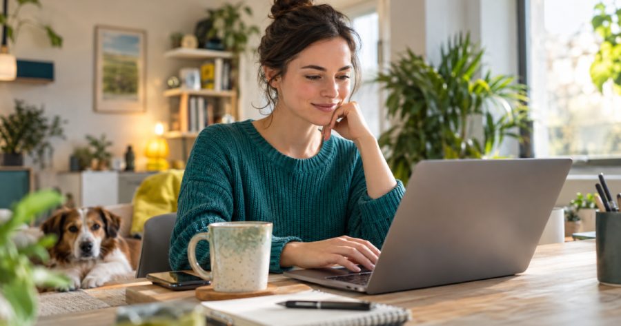 Person arbeitet am Laptop und nutzt KI-Modus Google für Recherche im Büro