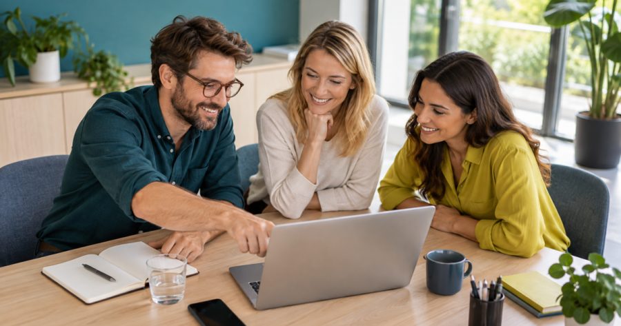 Kleines Team sitzt gemeinsam vor Laptop und testet KI Tools im Büro
