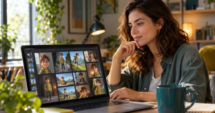 Bildschirm zeigt Software-Oberfläche mit mehreren konsistenten KI-Bildern derselben Figur nebeneinander