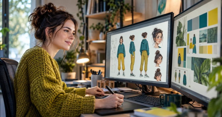 Designerin erstellt am Computer ein Charakter-Referenzblatt für konsistente KI-Bilder