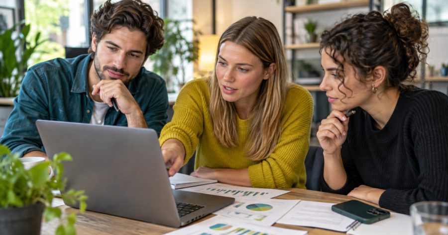 Kleines Marketingteam analysiert Werbebudget und Kampagnendaten am Laptop im Büro
