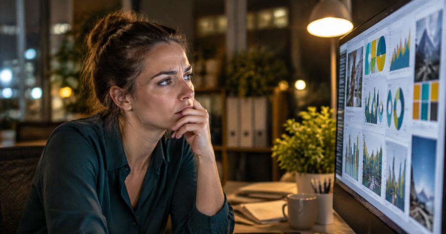 Marketingmanagerin blickt nachdenklich auf unübersichtliche Kampagnendaten am Bildschirm