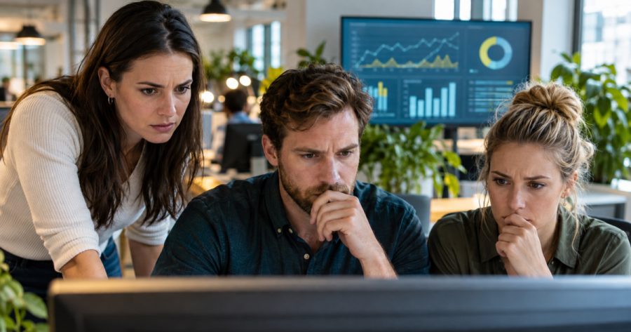 Marketing-Team diskutiert besorgt vor Bildschirm mit Facebook-Werbeanzeigen-Dashboard