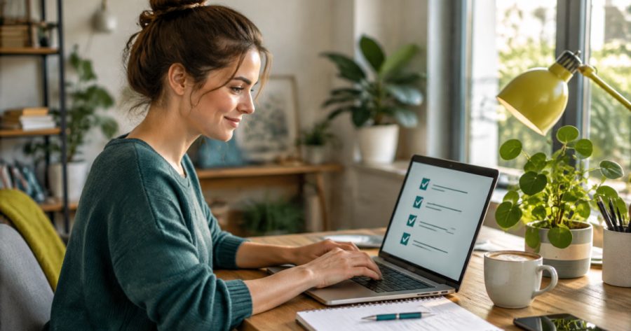 Person erstellt Checkliste am Laptop zur Überprüfung von Datenschutzeinstellungen im Unternehmen