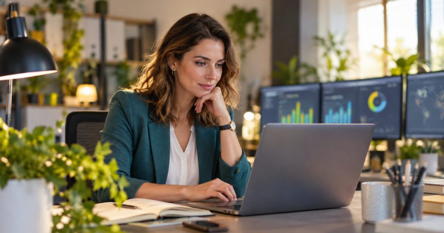 Marketing-Mitarbeiterin blickt besorgt auf Laptop mit Chat-Oberfläche