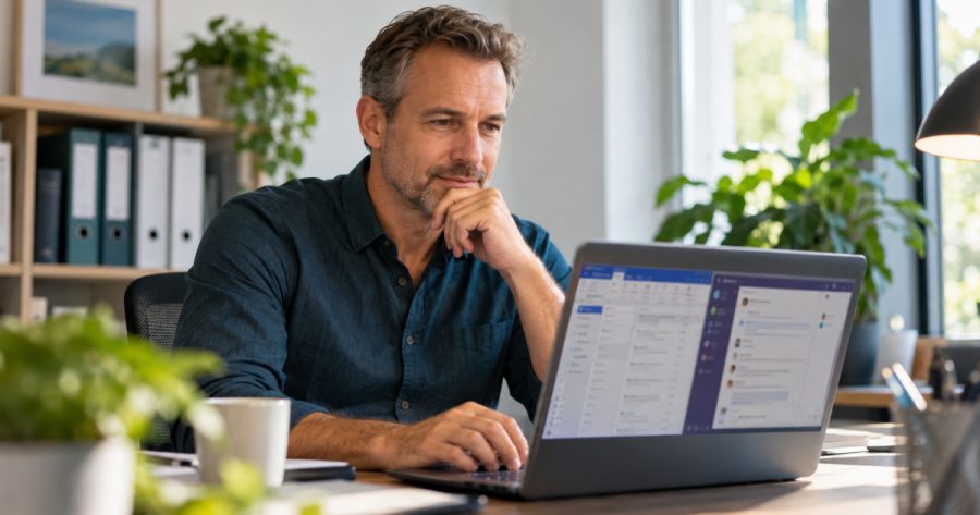Kleinunternehmer sitzt besorgt vor Laptop mit Microsoft Office Anwendungen im Büro