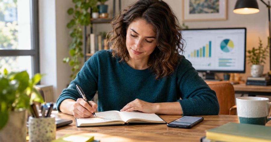 Person erstellt Checkliste und Notizen am Schreibtisch mit Notizbuch und Stift