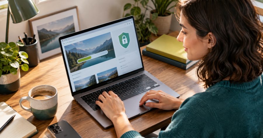 Nahaufnahme einer Hand am Laptop beim Download einer Software von einer offiziellen Webseite