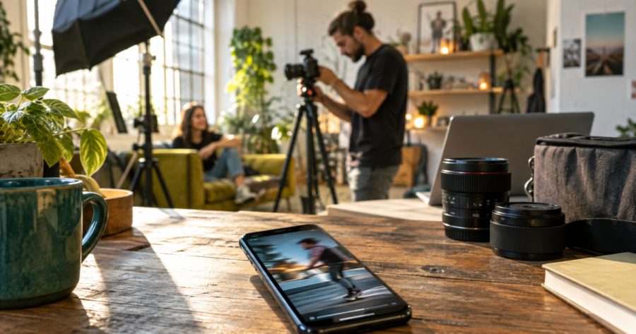 Smartphone zeigt Reel mit dynamischem Szenenübergang und Bewegungsunschärfe im Hintergrund