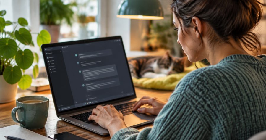 Person arbeitet konzentriert am Laptop mit ChatGPT-Oberfläche im Homeoffice