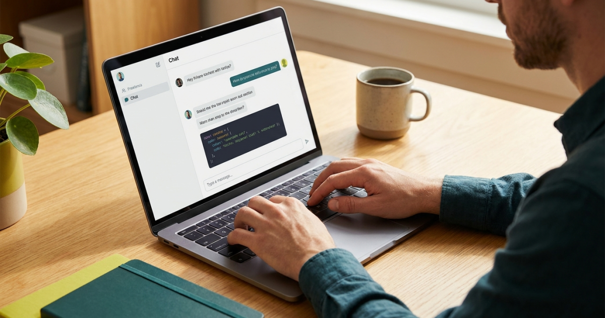 Person arbeitet konzentriert am Laptop mit ChatGPT-Oberfläche im Homeoffice