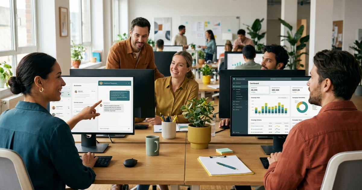 Marketing-Team schaut gemeinsam auf Bildschirm mit KI-Dashboard im Büro