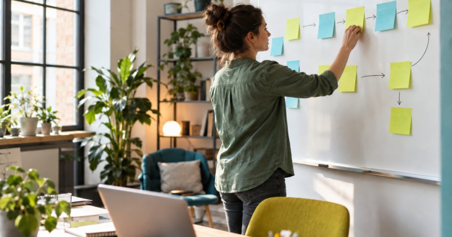 Person plant Schritt-für-Schritt-Prozess auf Whiteboard mit Notizzetteln im Büro