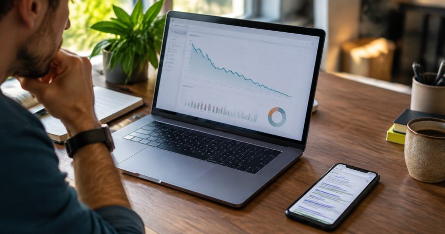 Smartphone zeigt Google-Suchergebnisse, während Web-Traffic auf Laptop-Dashboard sinkt