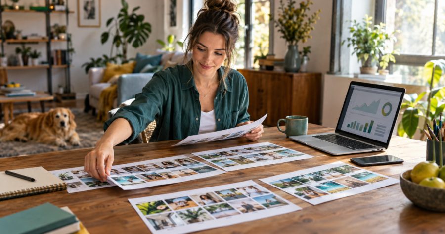 Mehrere ausgedruckte Instagram-Feed-Vorschauen liegen sortiert auf einem Tisch