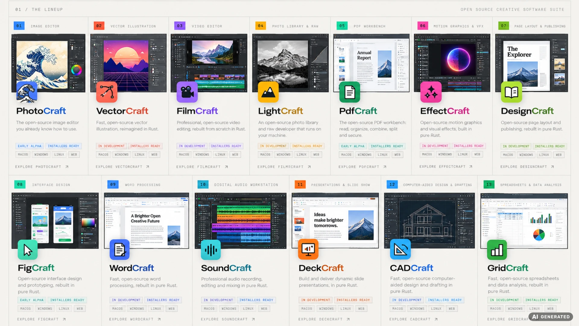Übersicht der 13 Apps der ArtCraft-Suite, von PhotoCraft bis GridCraft