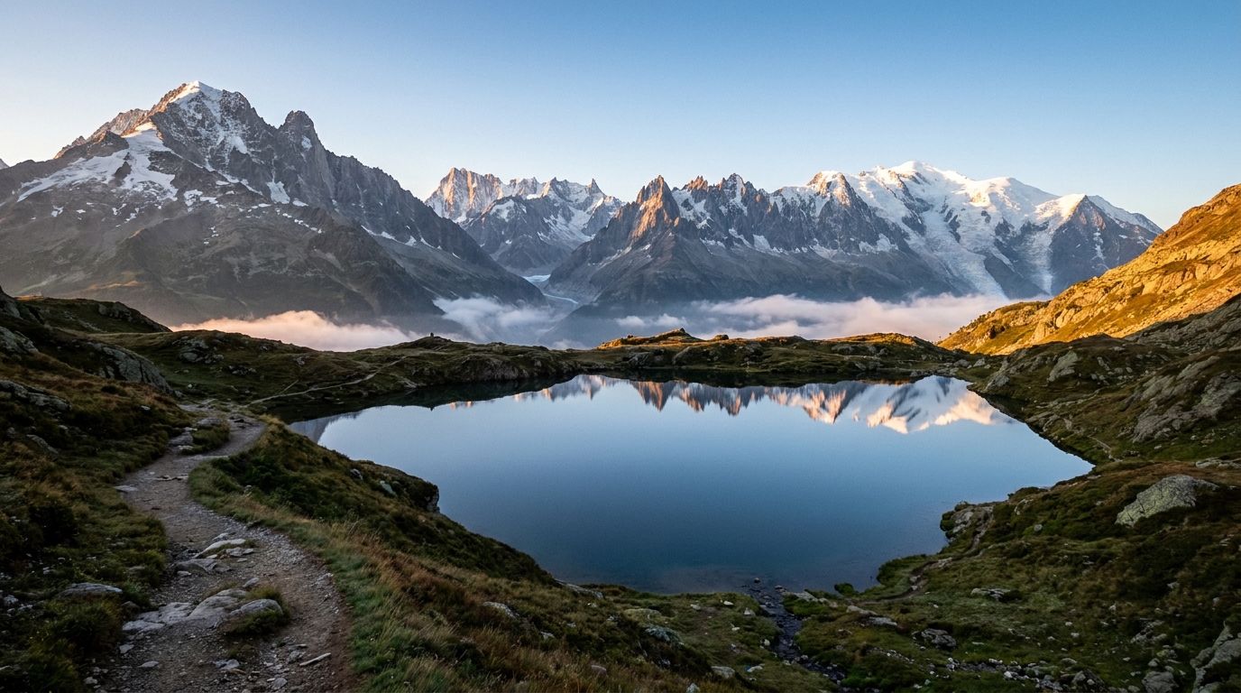 KI Bild erstellen mit präzisem Prompt: Alpenlandschaft mit Licht, Nebel und Vordergrund
